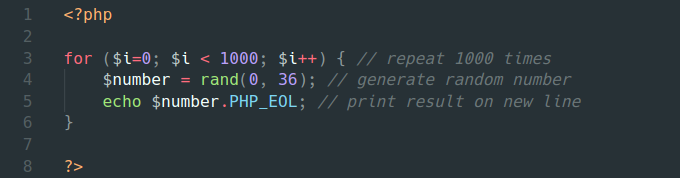 PHP code for generating 1000 random numbers