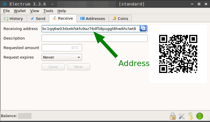 Electrum wallet showing a receiving address