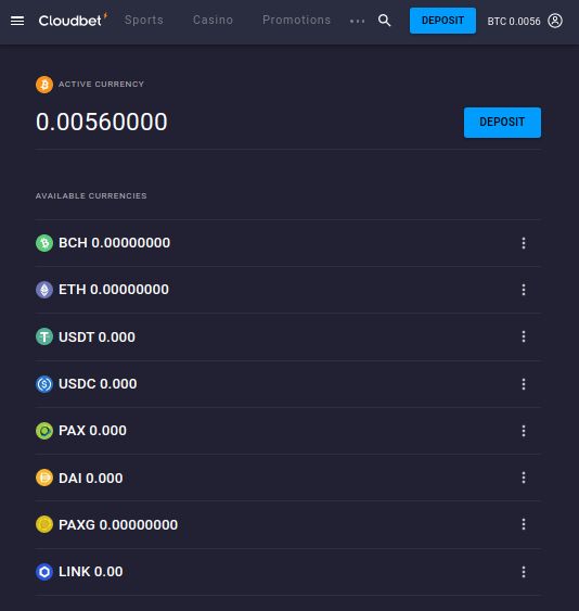 Cloudbet cashier showing cryptocurrency balances