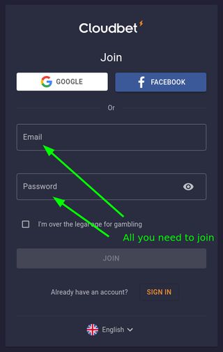 Cloudbet Sign Up Form